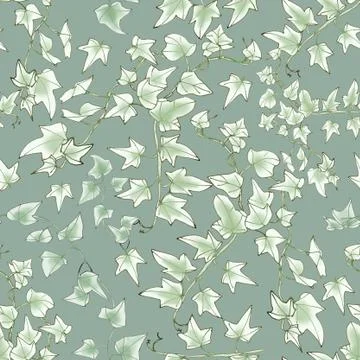 Seamless pattern, green sprig of ivy, graphic linear pattern on a green backg Stock Illustration