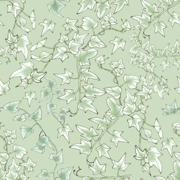 Seamless pattern, green sprig of ivy, graphic linear pattern, botanical sketc Illustrazione stock