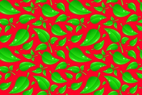 Seamless pattern of green stylized leaf on red backdrop. Vector illustration イラスト素材
