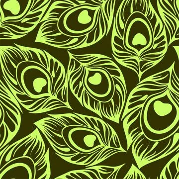 Seamless pattern of green stylized peacock feathers on an olive background,.. Stock Illustration