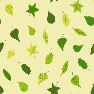 A seamless pattern of green summer leaves on a light background. Doodle style Stock Illustration