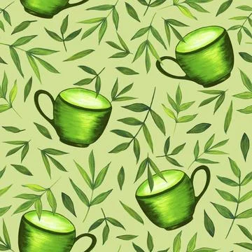 Seamless pattern with green tea cups and leaves. Watercolor illustration. For Illustrazione stock
