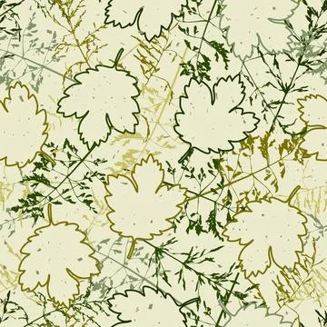 Seamless pattern with green thin silhouettes of dry wild herbs, linear leaves Stock Illustration