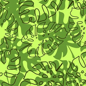 Seamless pattern in green tones from the contours of tropical leaves, textu.. Stock Illustration