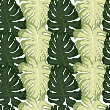 Seamless pattern in green tones with doodle monstera shapes print. Nature bac Illustrazione stock