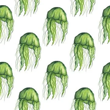 Seamless pattern with green transparent jellyfish with long tentacles on a wh Stock Illustration