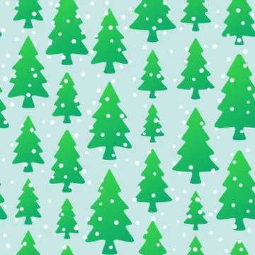 Seamless pattern with green trees and snowflakes Stock Illustration