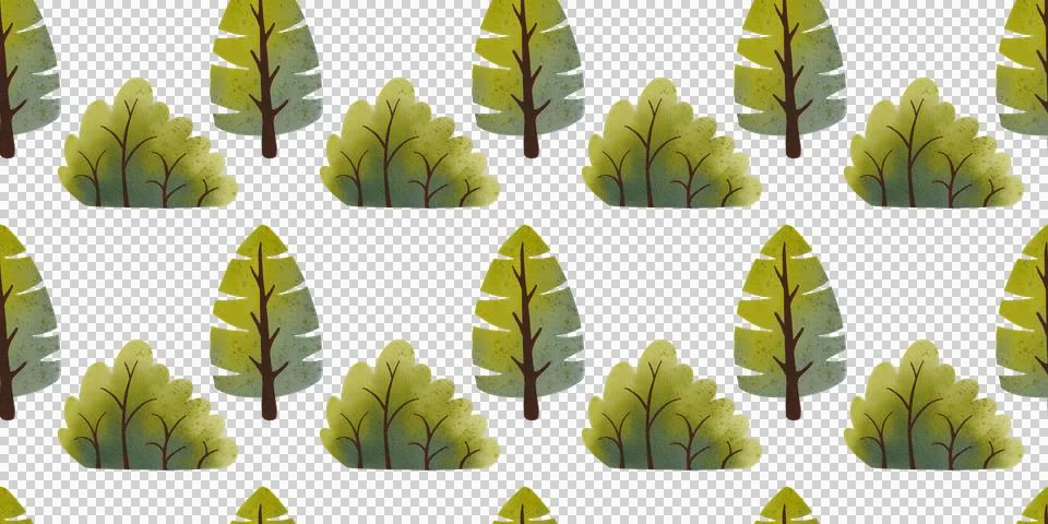 Seamless pattern with green trees. Children's hand-drawn watercolor illustration Stock Illustration