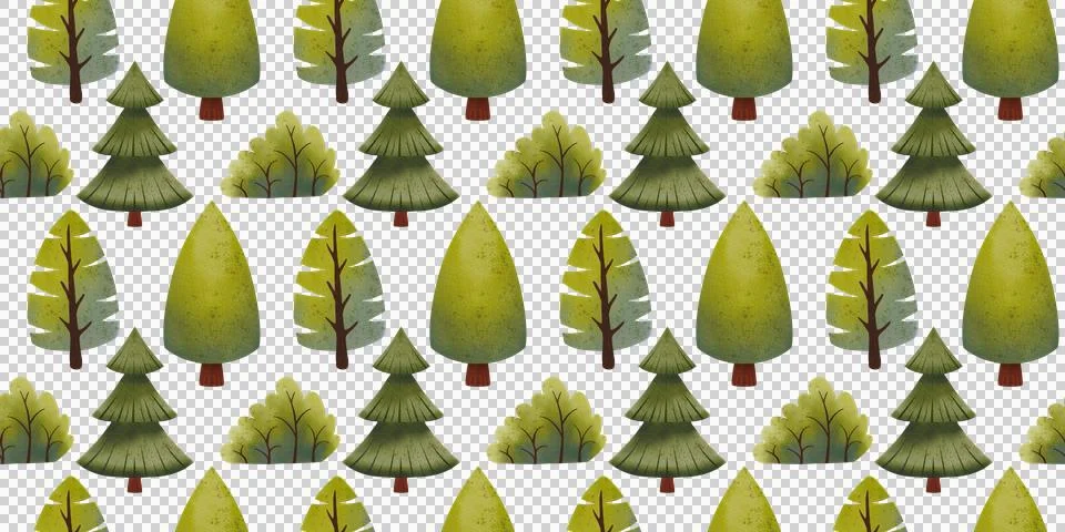 Seamless pattern with green trees. Children's hand-drawn watercolor illustration 库存插图