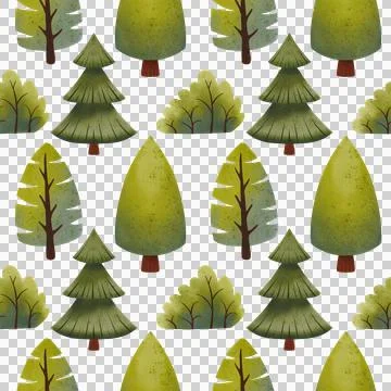 Seamless pattern with green trees. Children's hand-drawn watercolor illustration Illustrazione stock