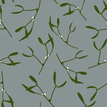 Seamless pattern of green trees mistletoe on gray background. Vector Stock Illustration