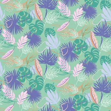 Seamless pattern of green tropical leaves and flowers summer background 스톡 일러스트