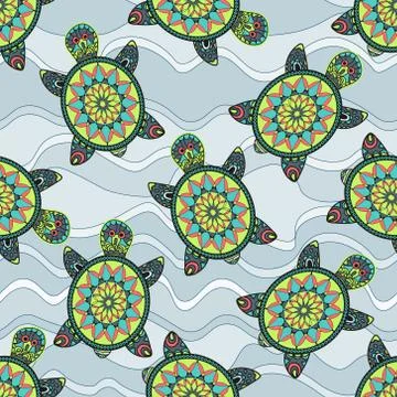 Seamless pattern with green turtles in the sea waves. Stock Illustration