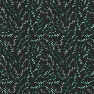 Seamless pattern with green twigs on black background. Vector illustration. Illustrazione stock
