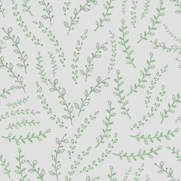 Seamless pattern with green twigs on white background. Vector illustration. Stock Illustration