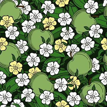 Seamless pattern with green unripe apples and apple blossom, green leaves Stock Illustration