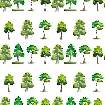 Seamless pattern of green watercolor trees, hand painted on white background Ilustração Stock