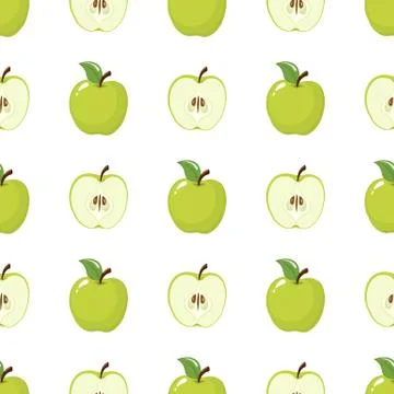 Seamless pattern with green whole and half apples on white background. Organi Stock Illustration