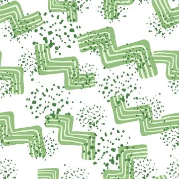 Seamless pattern with green zigzag elements and splashes. White background. Stock Illustration