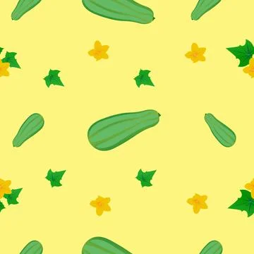 Seamless pattern of green zucchini. Vector illustration isolated on a yellow Stock Illustration