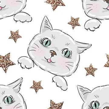 Seamless pattern grey cat and glitter stars on white background vector Stock Illustration