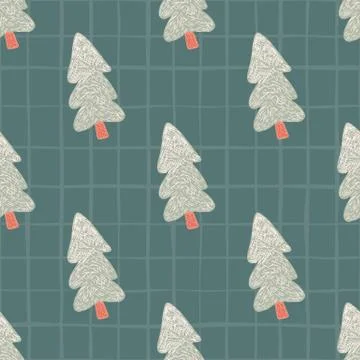 Seamless pattern with grey christmas tree on green chequered background. Wint Stock Illustration