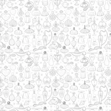 Seamless pattern with grey doodle perfumes on white background. Can be used for Illustrazione stock