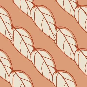 Seamless pattern with grey outline leaves abstract shapes. Light pastel coral Stock Illustration
