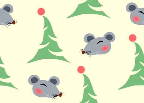 Seamless pattern with grey rats and christmas tree on light background. EPS10 Stock Illustration
