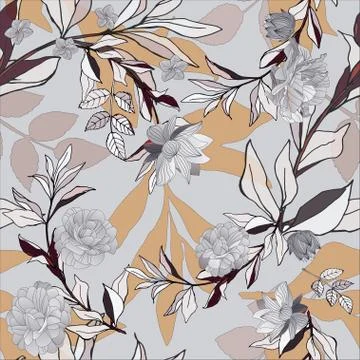Seamless pattern with grey roses and leaves on light background. Tropical flo イラスト素材