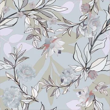 Seamless pattern with grey roses and leaves on light background. Tropical flo Stock Illustration