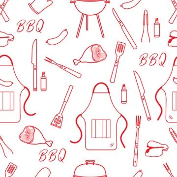 Seamless pattern with grill, barbecue tools. BBQ 스톡 일러스트
