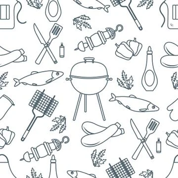 Seamless pattern with grill, barbecue tools. BBQ 스톡 일러스트