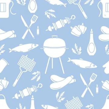 Seamless pattern with grill, barbecue tools. BBQ イラスト素材
