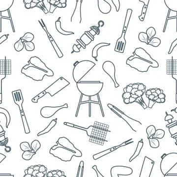 Seamless pattern Grill, barbecue tools, food. BBQ Stock Illustration