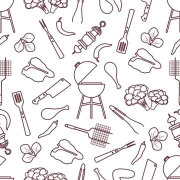 Seamless pattern Grill, barbecue tools, food. BBQ イラスト素材
