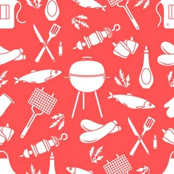 Seamless pattern with grill, barbecue tools. BBQ イラスト素材