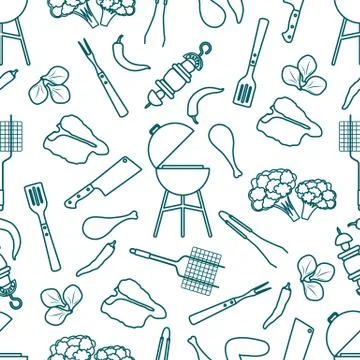 Seamless pattern Grill, barbecue tools, food. BBQ 스톡 일러스트