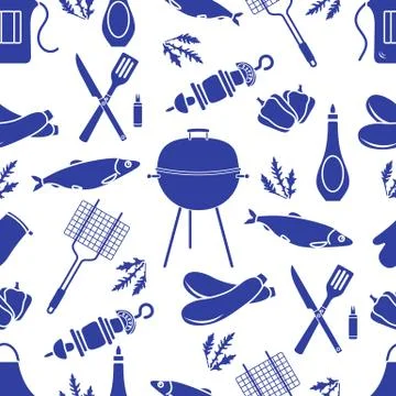 Seamless pattern with grill, barbecue tools. BBQ 스톡 일러스트