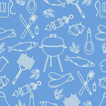 Seamless pattern with grill, barbecue tools. BBQ 스톡 일러스트