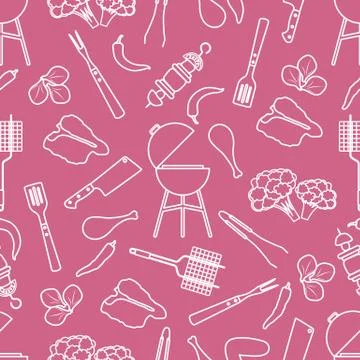 Seamless pattern Grill, barbecue tools, food. BBQ 스톡 일러스트