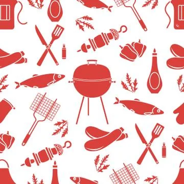 Seamless pattern with grill, barbecue tools. BBQ 스톡 일러스트