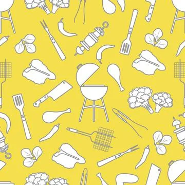 Seamless pattern Grill, barbecue tools, food. BBQ 스톡 일러스트