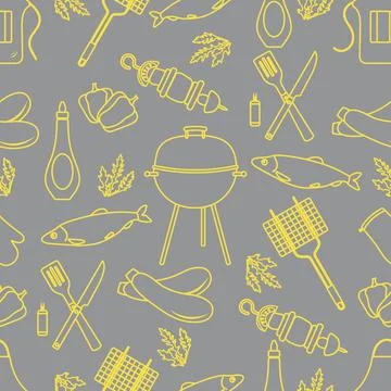 Seamless pattern with grill, barbecue tools. BBQ 스톡 일러스트