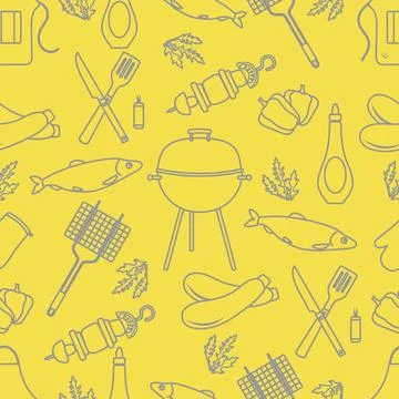 Seamless pattern with grill, barbecue tools. BBQ 스톡 일러스트