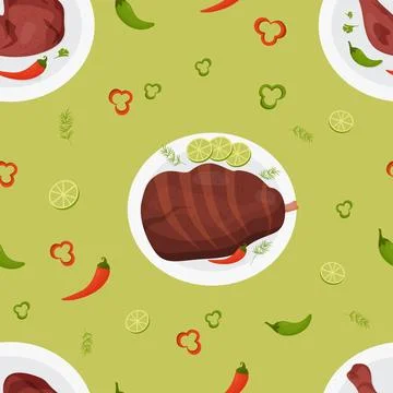 Seamless pattern with grilled meat. Mexican barbecue dishes fried chicken a.. Illustrazione stock