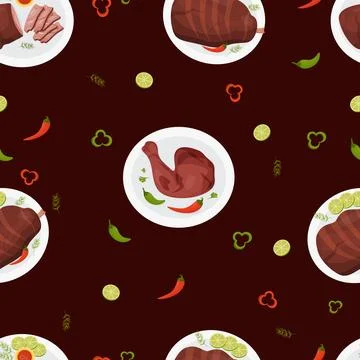 Seamless pattern with grilled meat. Mexican food barbecue piece beef, fried.. Stock Illustration