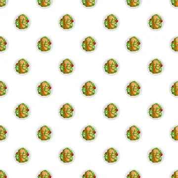 Seamless pattern with grilled salmon steak and vegetables Illustrazione stock
