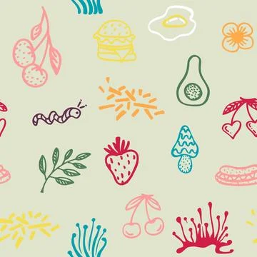 Seamless pattern with groove psychedelic food elements Stock Illustration