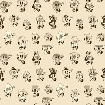 Seamless pattern with Groovy Breakfast Duo Characters in Retro Style Stock-Illustration